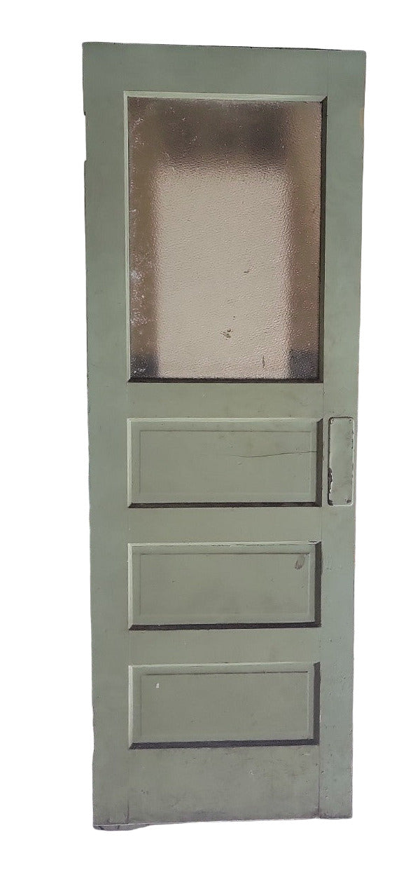 Antique 3-Panel Wood Door with Pebbled Glass Lower Panel – Green Painted Finish