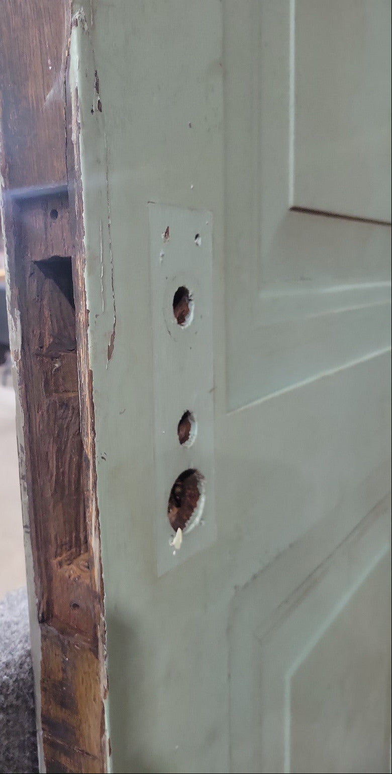 Antique Two-Panel Heavy Wood Door – Green Painted Finish with Brass Hinges