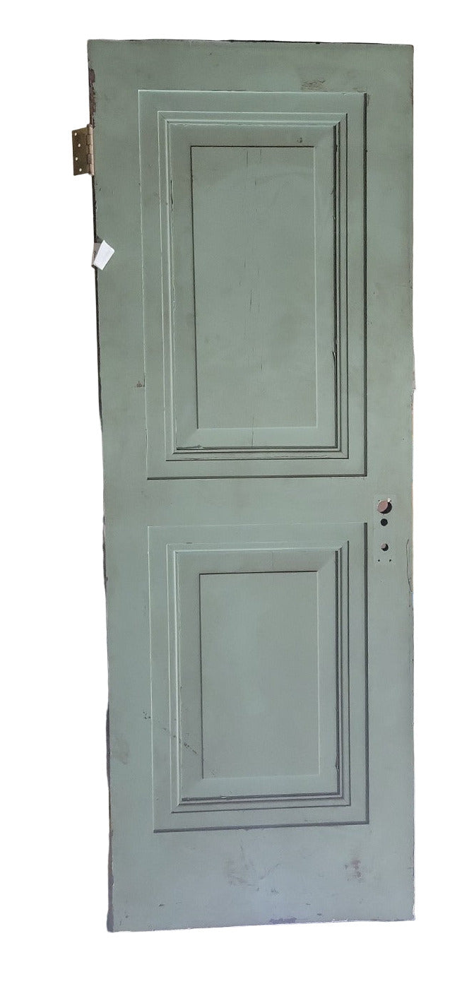 Antique Two-Panel Heavy Wood Door – Green Painted Finish with Brass Hinges