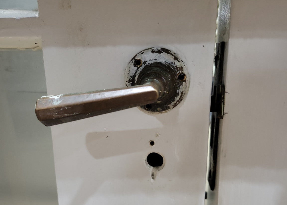 Antique French Doors with Brass Hardware and Frosted Glass Film