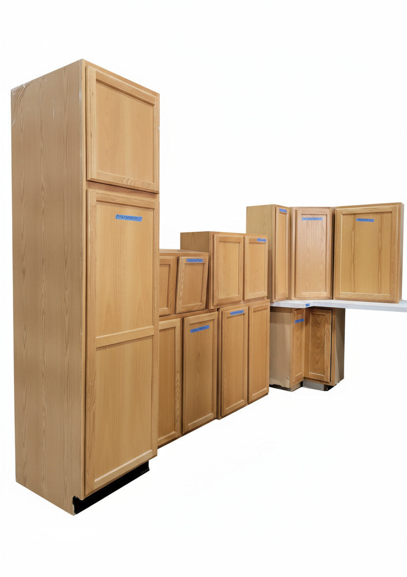 Complete Honey Oak Kitchen Cabinet Set with Off-White Laminate Countertops