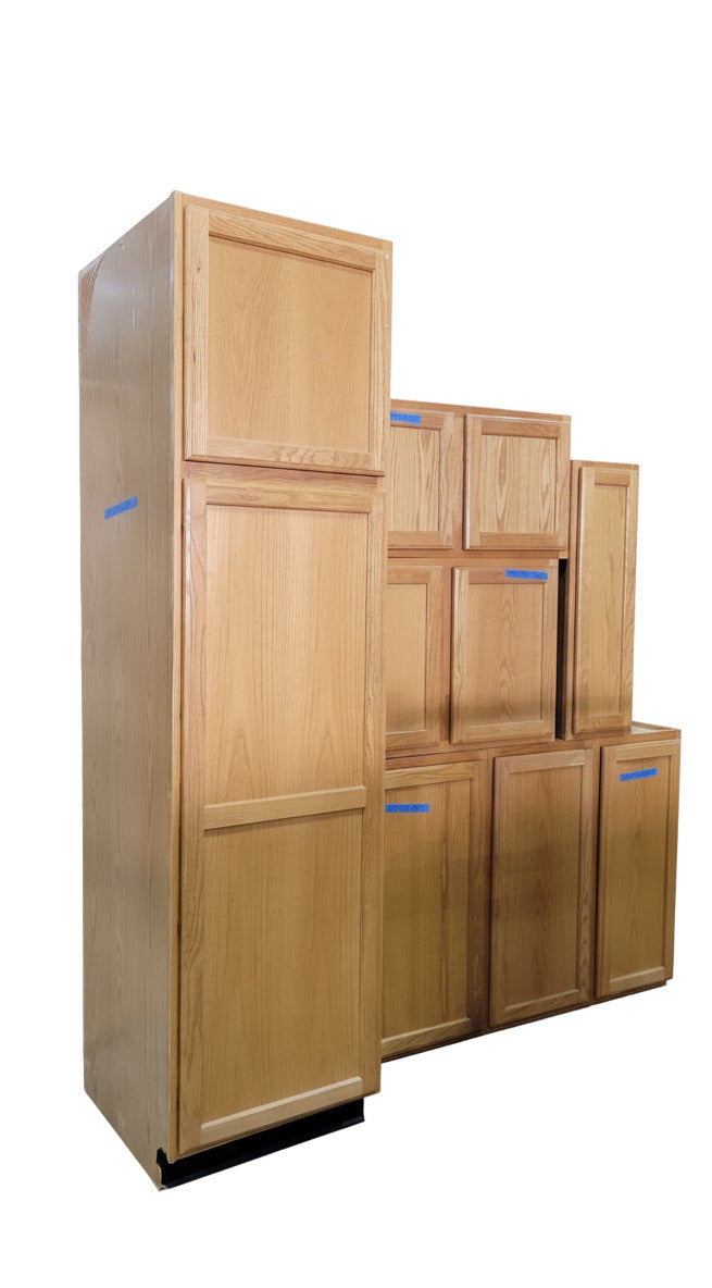 Complete Honey Oak Kitchen Cabinet Set with Off-White Laminate Countertops