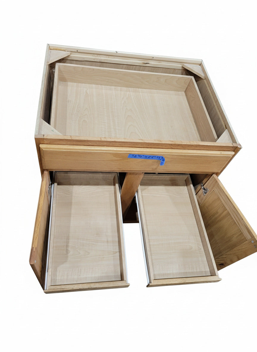 Complete Honey Oak Kitchen Cabinet Set with Off-White Laminate Countertops