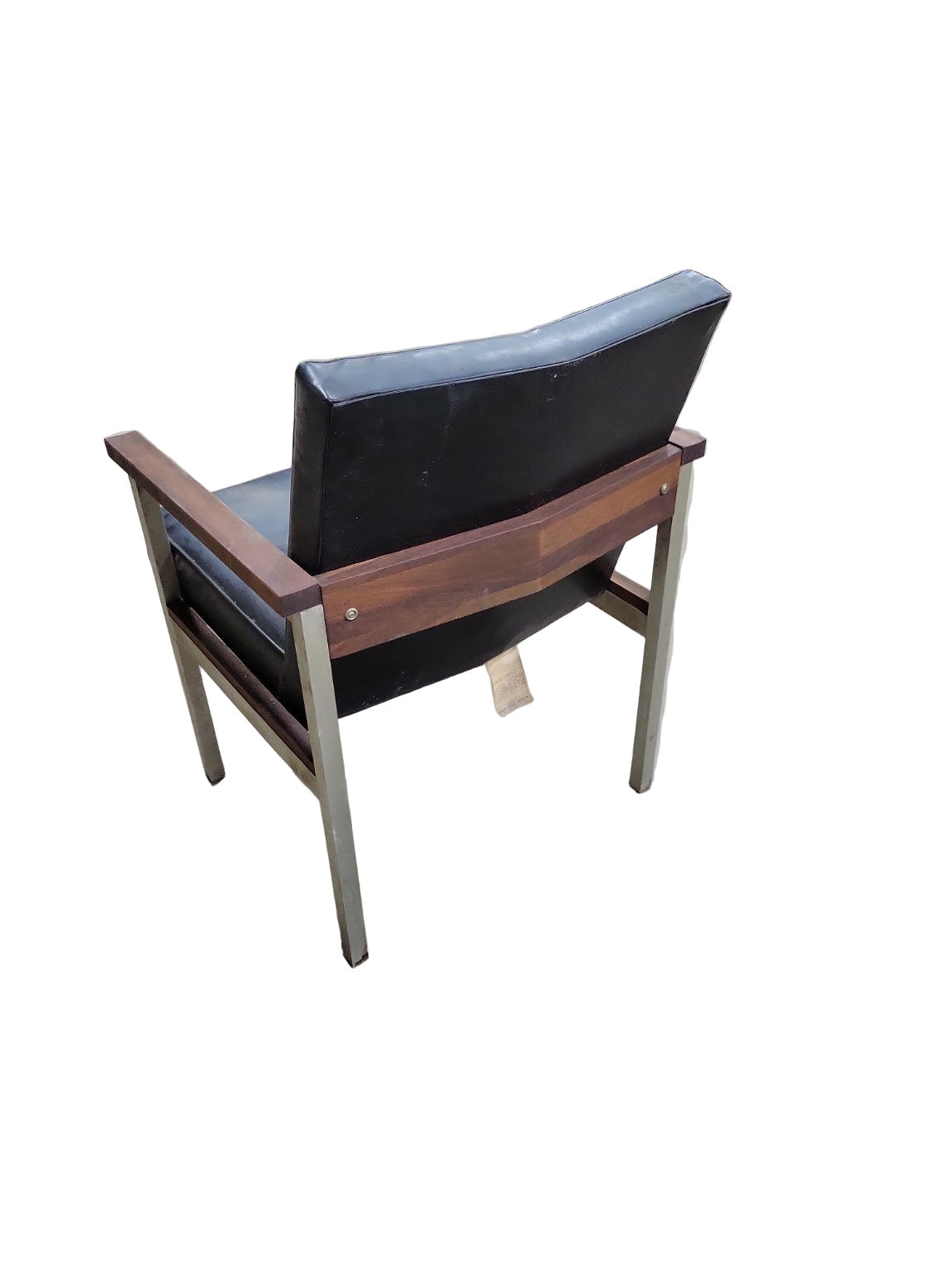 Mid-Century Modern Black Vinyl and Walnut Armchair with Metal Frame – 23 ¾" x 26" x 32"
