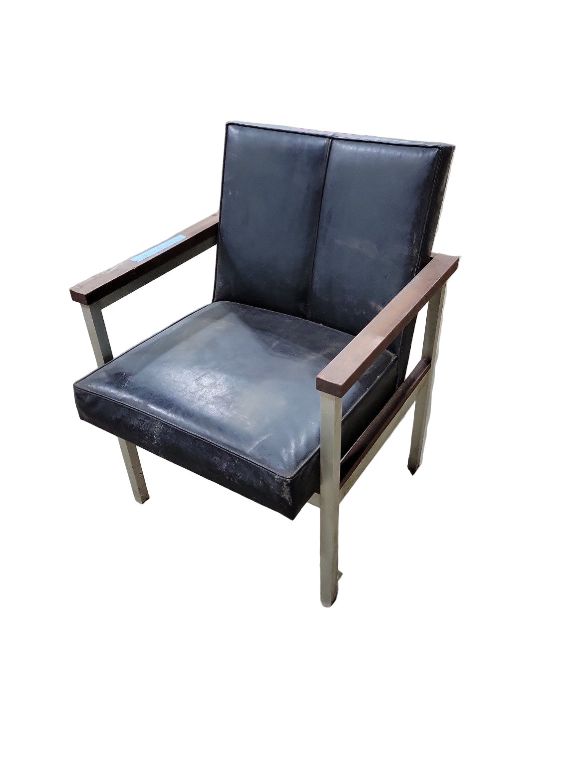 Mid-Century Modern Black Vinyl and Walnut Armchair with Metal Frame – 23 ¾" x 26" x 32"