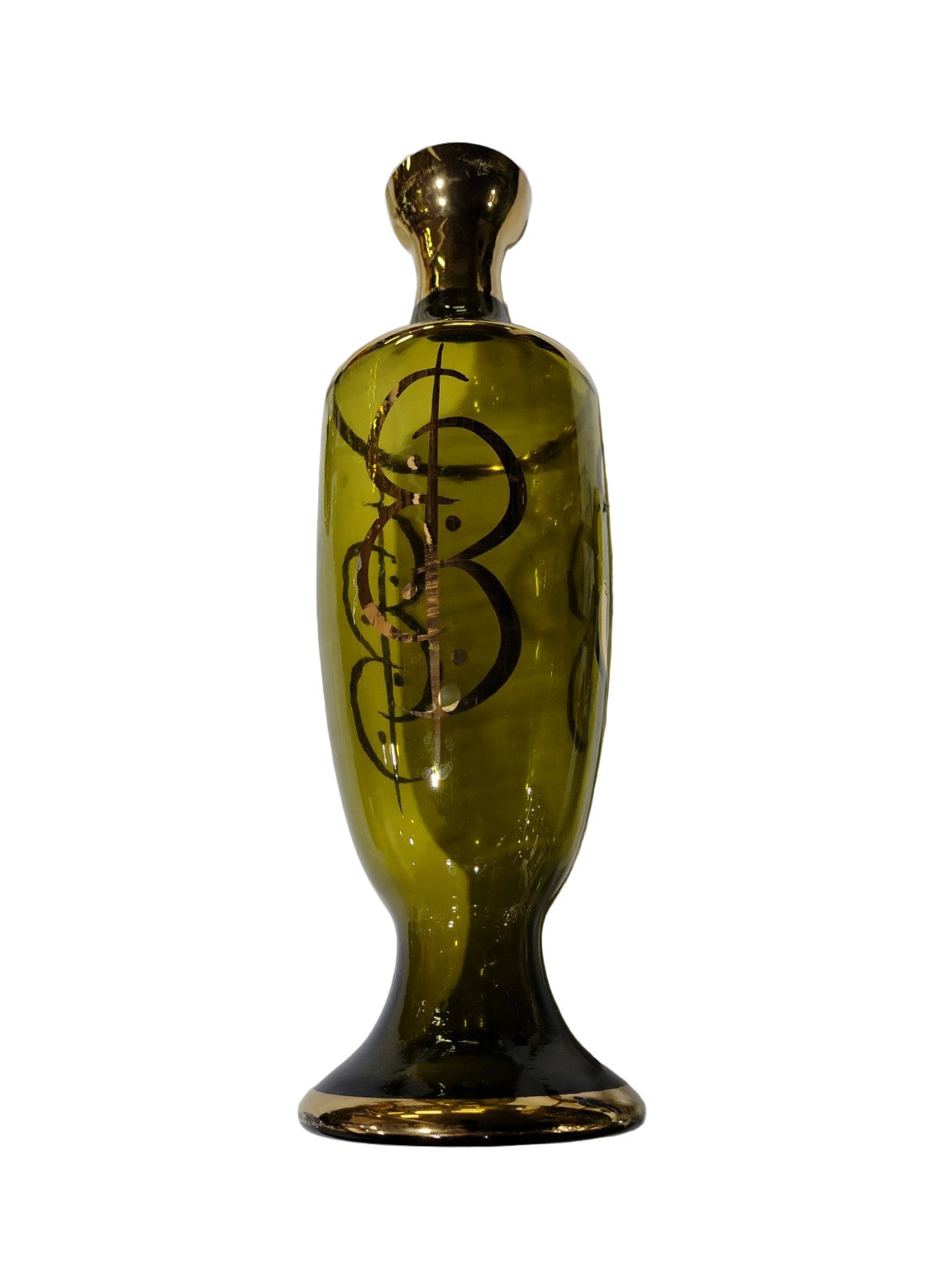 Mid-Century Olive Green Glass Decanter Set with Six Cordial Glasses – Gold Gilt Detailing