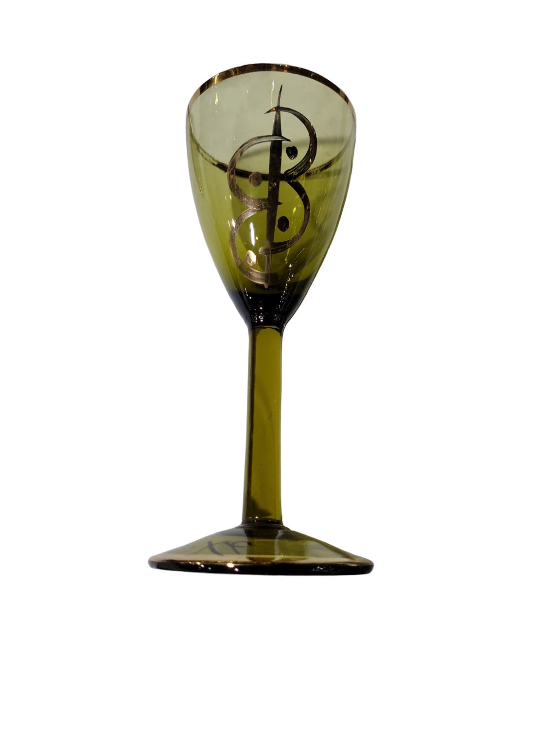 Mid-Century Olive Green Glass Decanter Set with Six Cordial Glasses – Gold Gilt Detailing