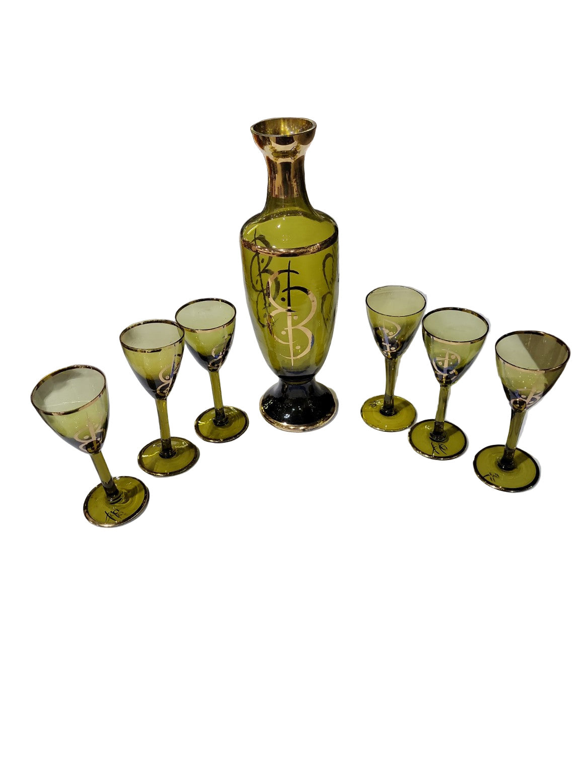 Mid-Century Olive Green Glass Decanter Set with Six Cordial Glasses – Gold Gilt Detailing