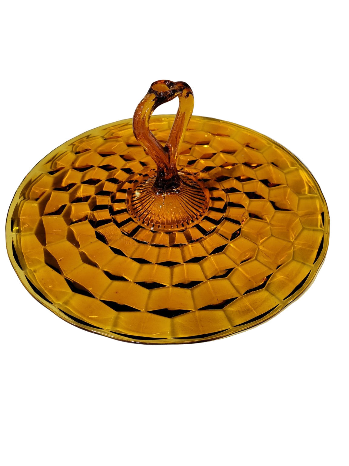 Vintage Amber Glass Serving Tray with Heart Handle – Diamond Pattern Design