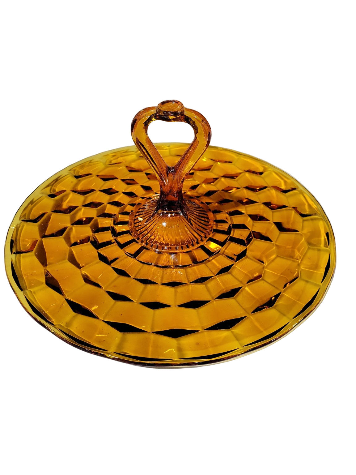 Vintage Amber Glass Serving Tray with Heart Handle – Diamond Pattern Design