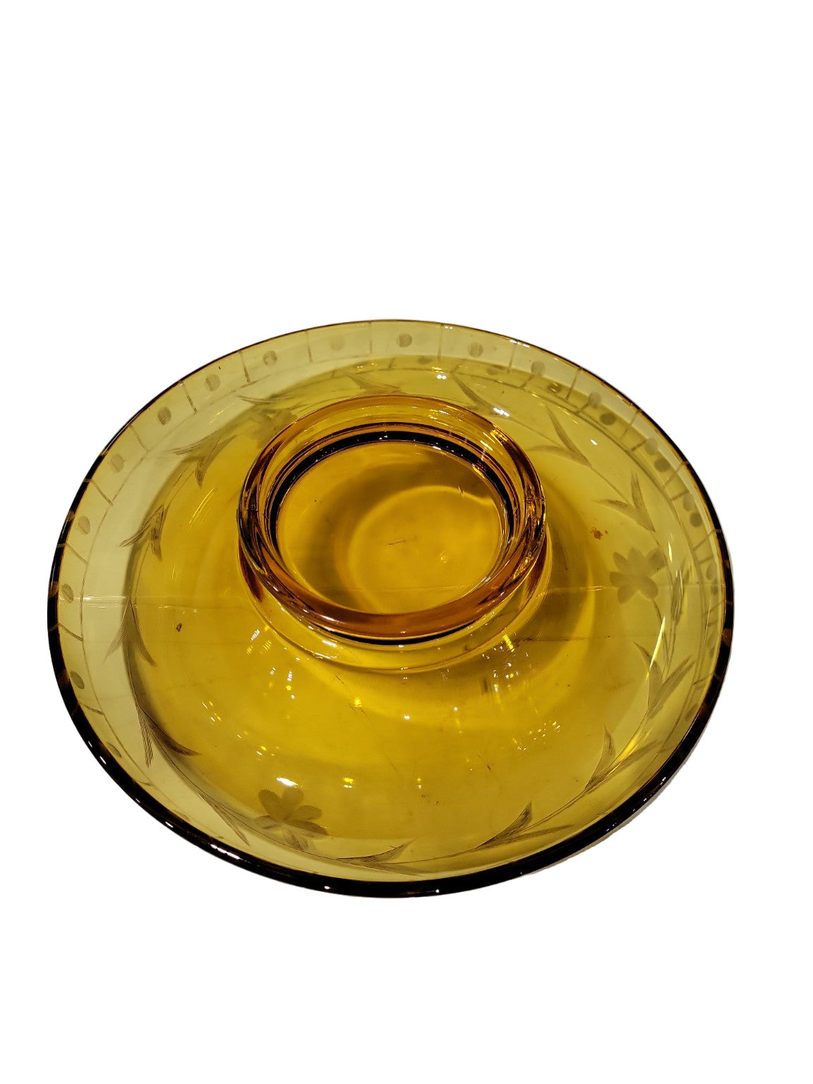Vintage Amber Glass Chip and Dip Bowl – Etched Floral Design