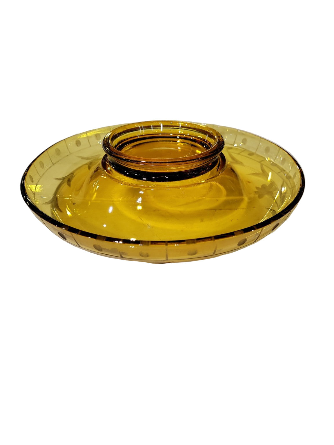 Vintage Amber Glass Chip and Dip Bowl – Etched Floral Design