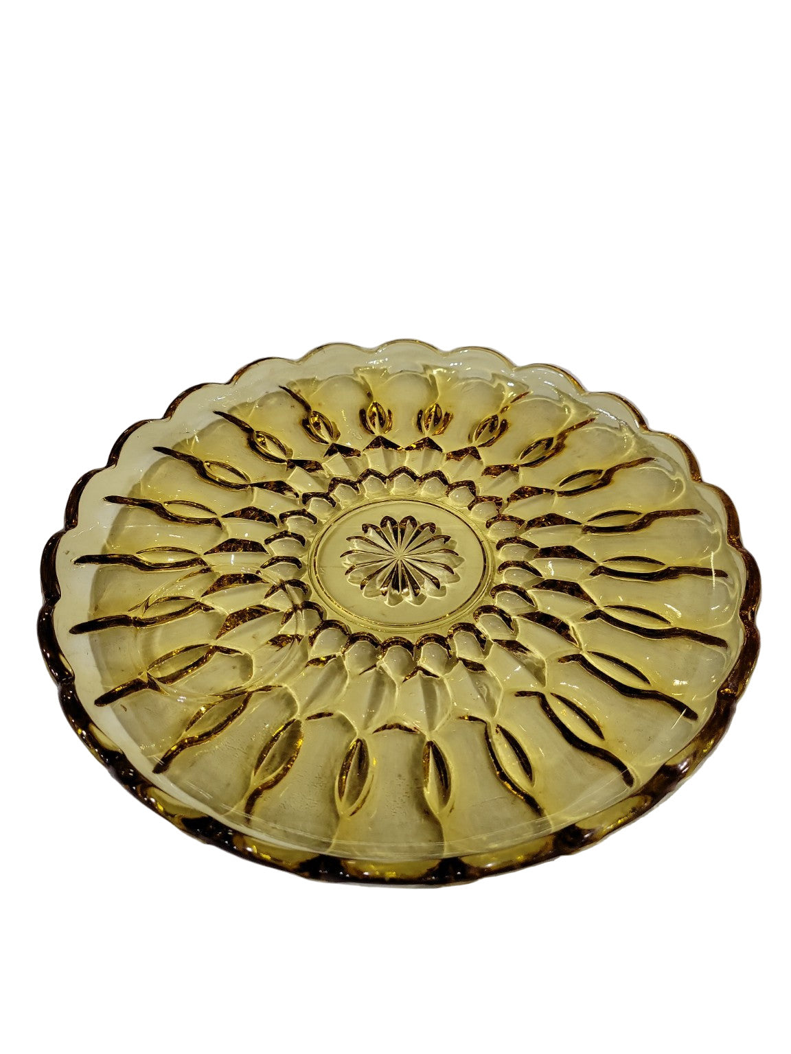 Vintage Amber Glass Serving Plate – Petal Pattern Design