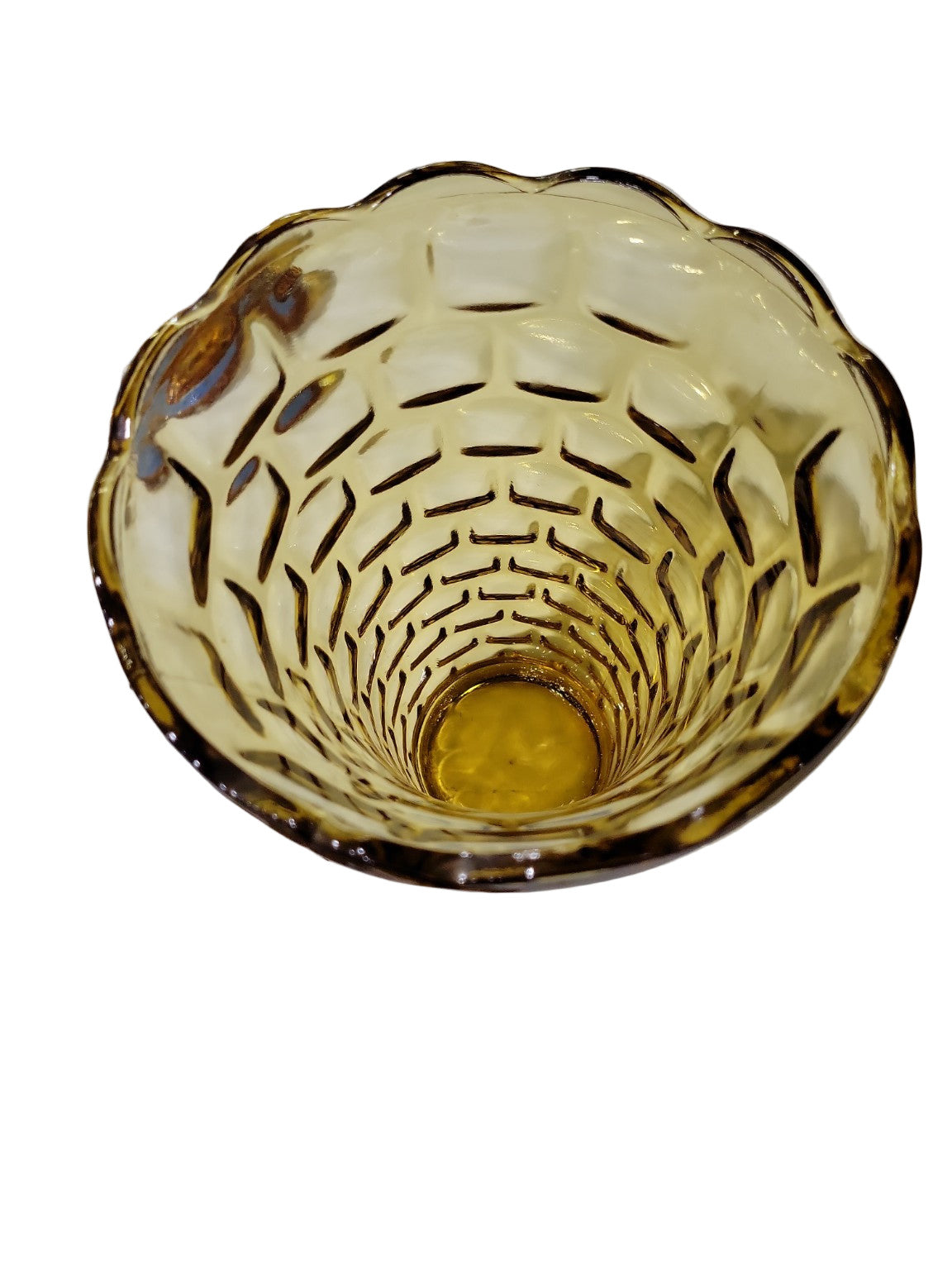 Vintage Amber Glass Vase – Honeycomb Pattern with Scalloped Rim