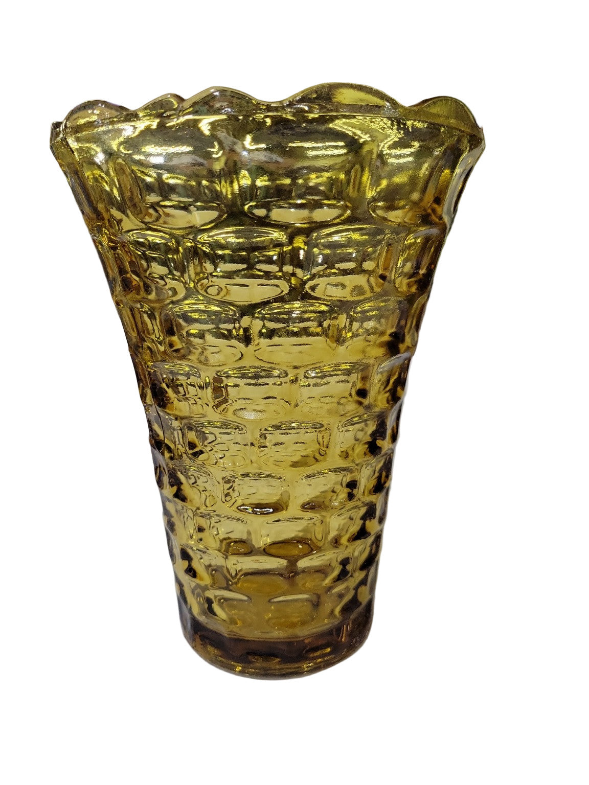Vintage Amber Glass Vase – Honeycomb Pattern with Scalloped Rim