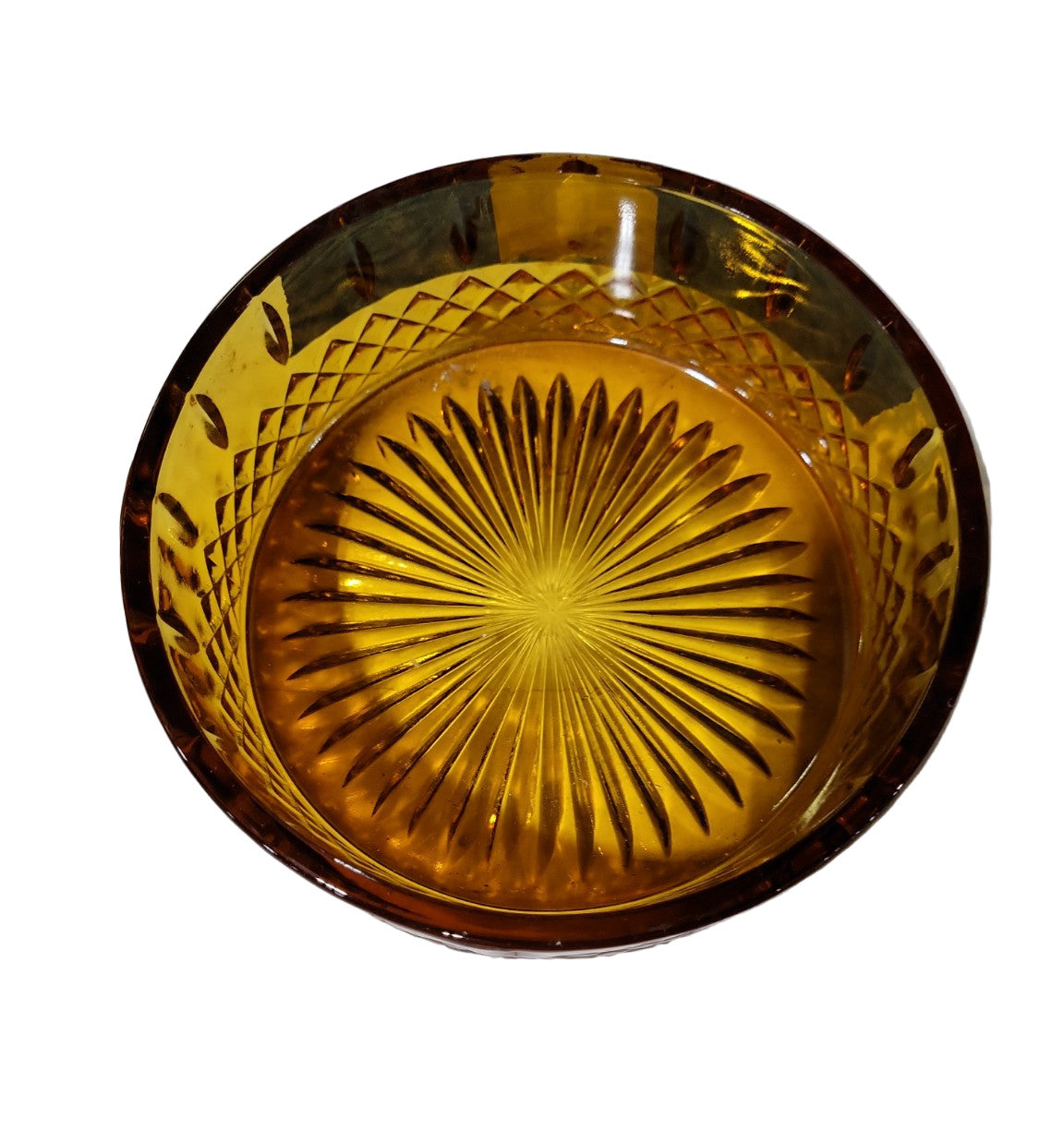 Vintage Amber Glass Candy Dish with Lid – Diamond Cut Pattern and Finial Top