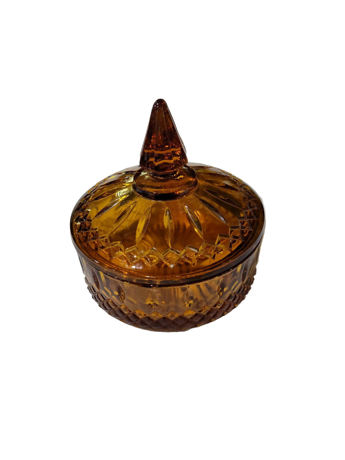 Vintage Amber Glass Candy Dish with Lid – Diamond Cut Pattern and Finial Top