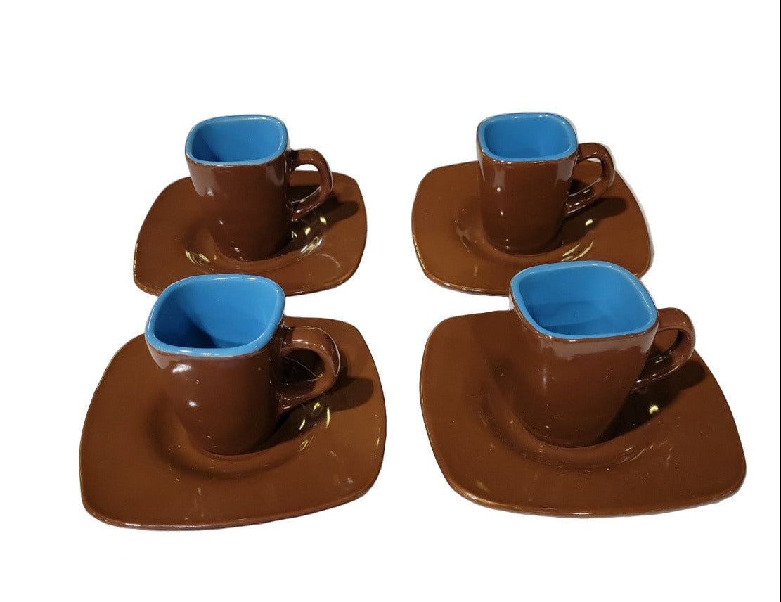 Mid-Century Modern Espresso Cup and Saucer Set – Brown and Sky Blue Ceramic (Set of 4)