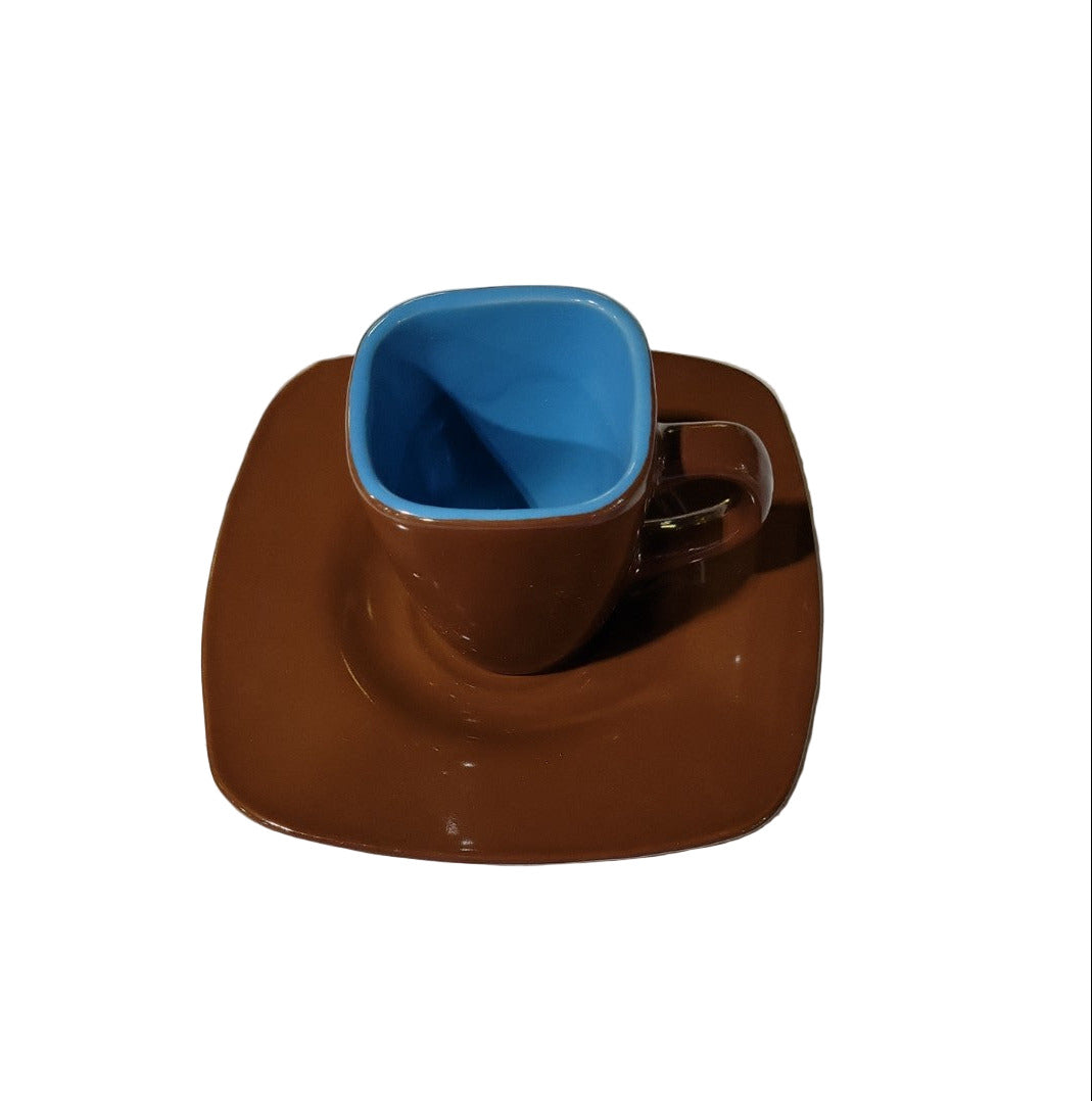 Mid-Century Modern Espresso Cup and Saucer Set – Brown and Sky Blue Ceramic (Set of 4)