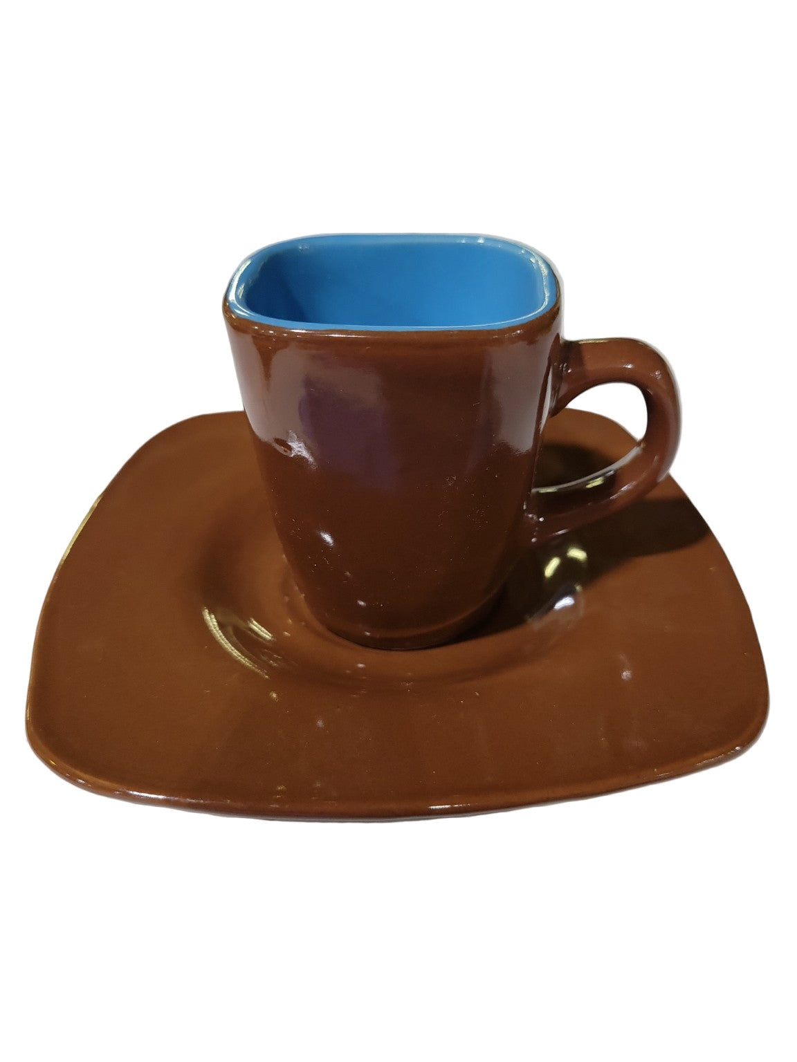 Mid-Century Modern Espresso Cup and Saucer Set – Brown and Sky Blue Ceramic (Set of 4)