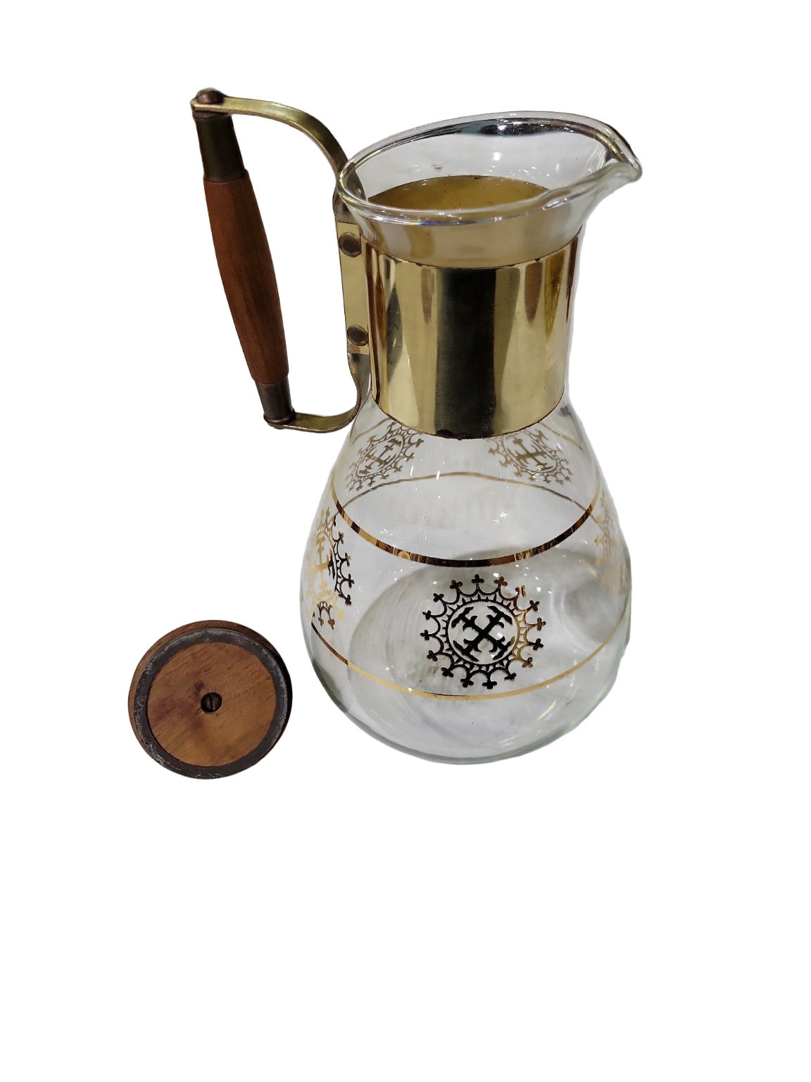Mid-Century Modern Glass and Brass Coffee Carafe – Wood Handle and Lid Accent