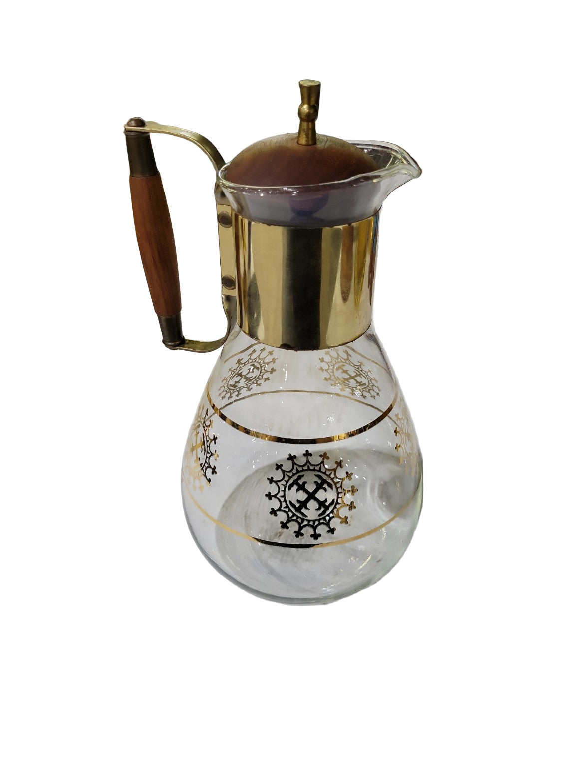 Mid-Century Modern Glass and Brass Coffee Carafe – Wood Handle and Lid Accent