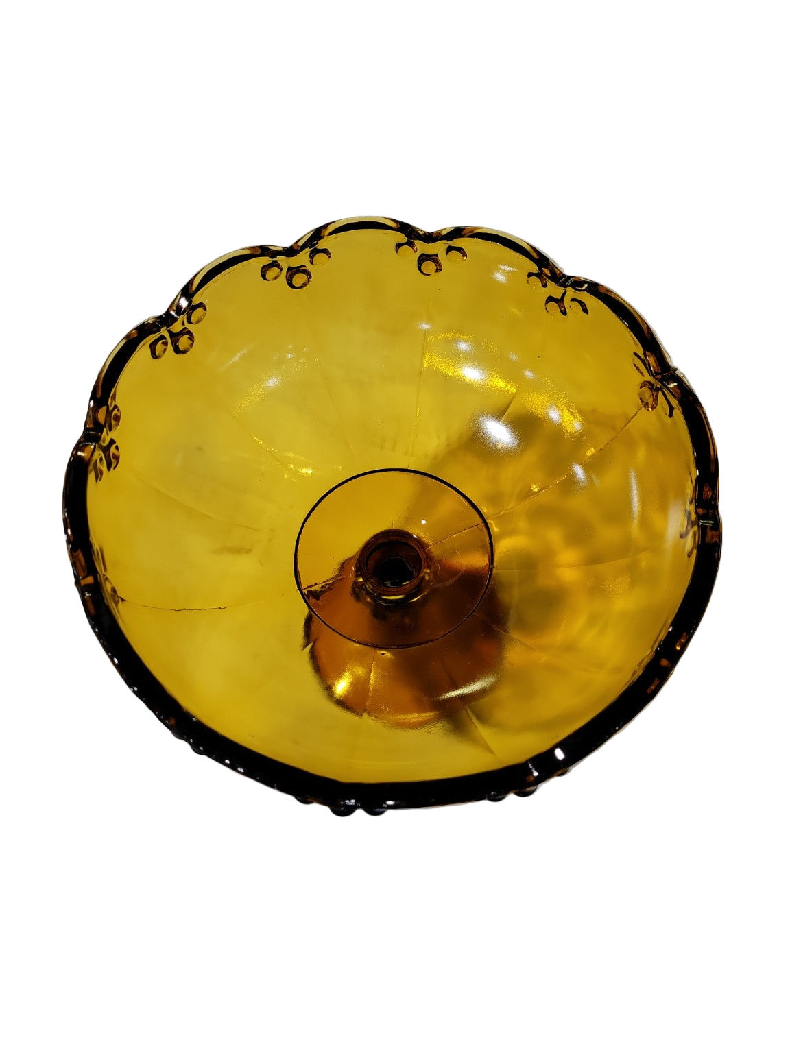 Vintage Amber Glass Pedestal Compote – Scalloped Rim with Draped Bead Detail