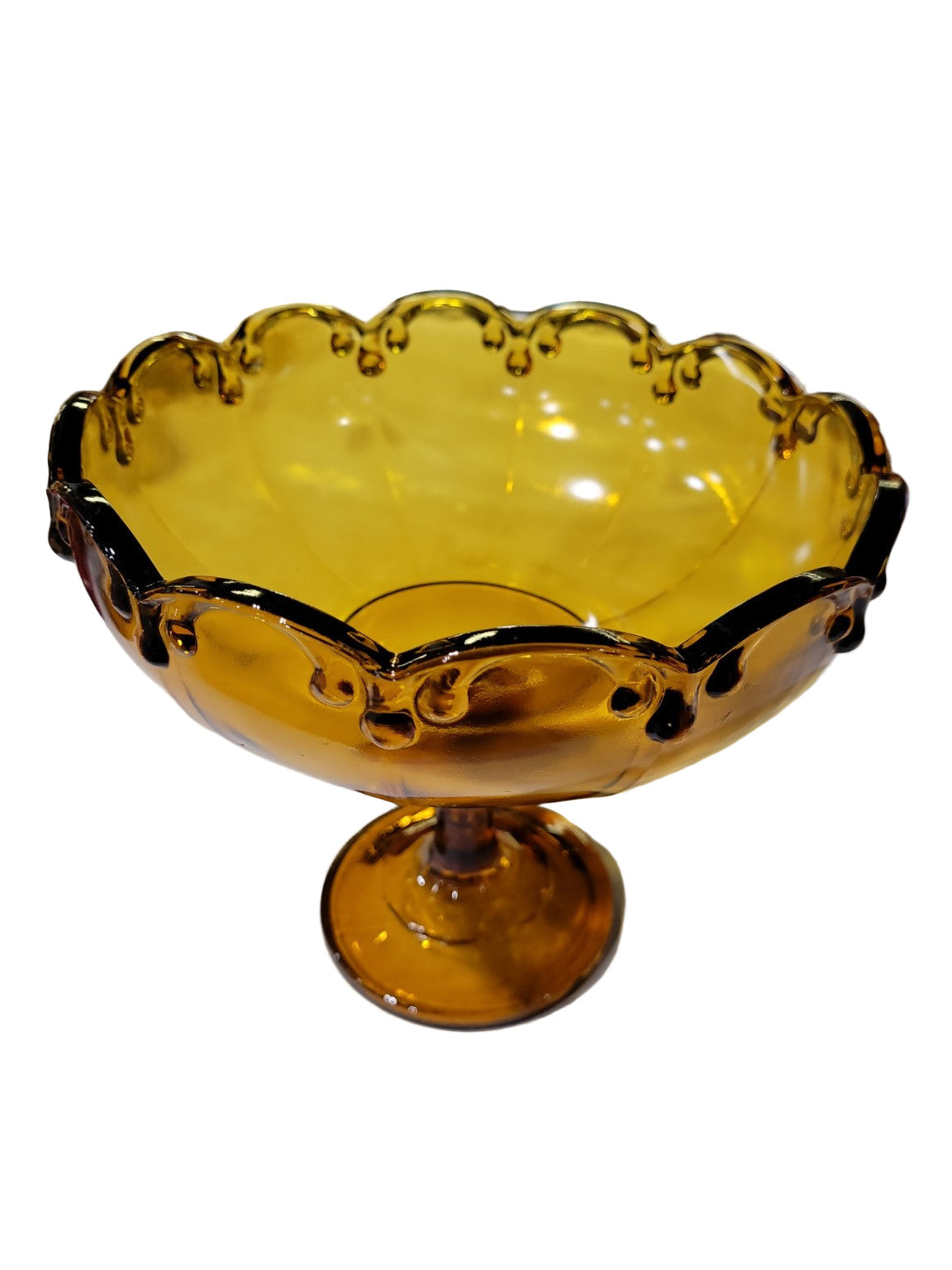 Vintage Amber Glass Pedestal Compote – Scalloped Rim with Draped Bead Detail