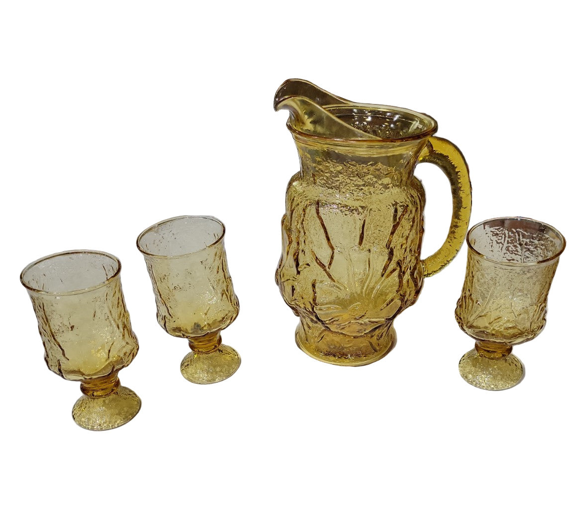 Vintage Amber Glass Pitcher and Goblet Set – “Daisy and Button” Textured Floral Pattern (4 Pieces)