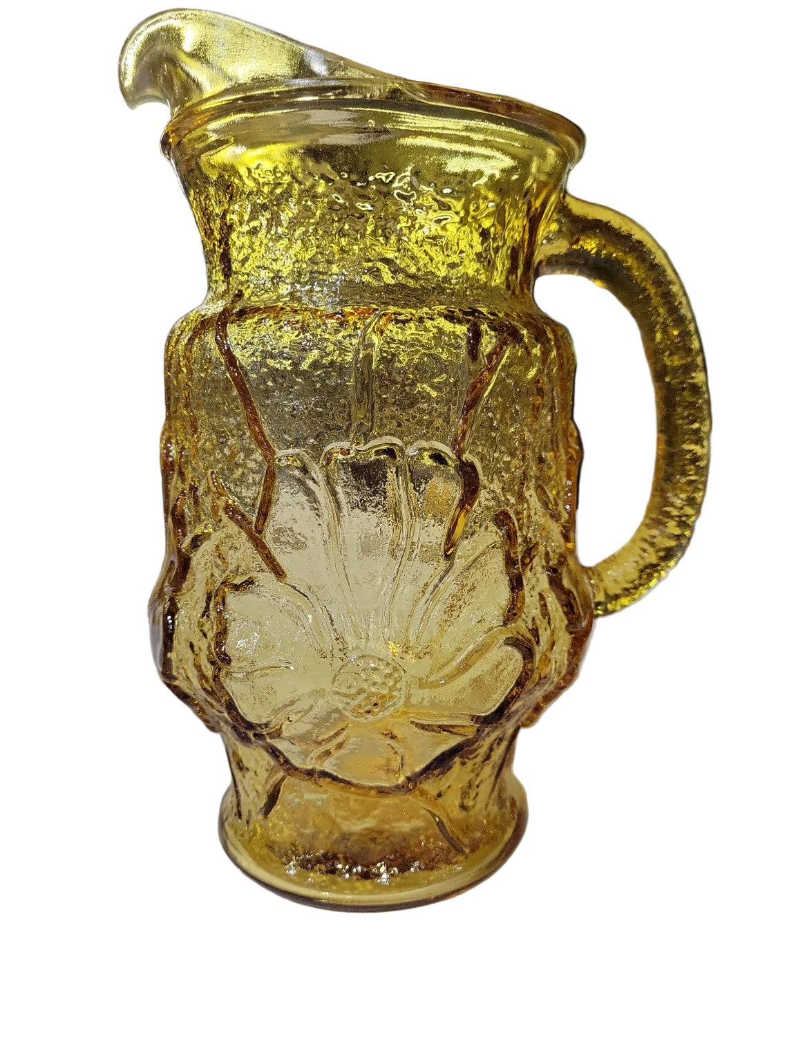 Vintage Amber Glass Pitcher and Goblet Set – “Daisy and Button” Textured Floral Pattern (4 Pieces)