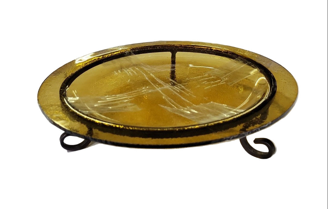 Vintage Amber Glass Serving Tray on Wrought Iron Stand – 11" Diameter