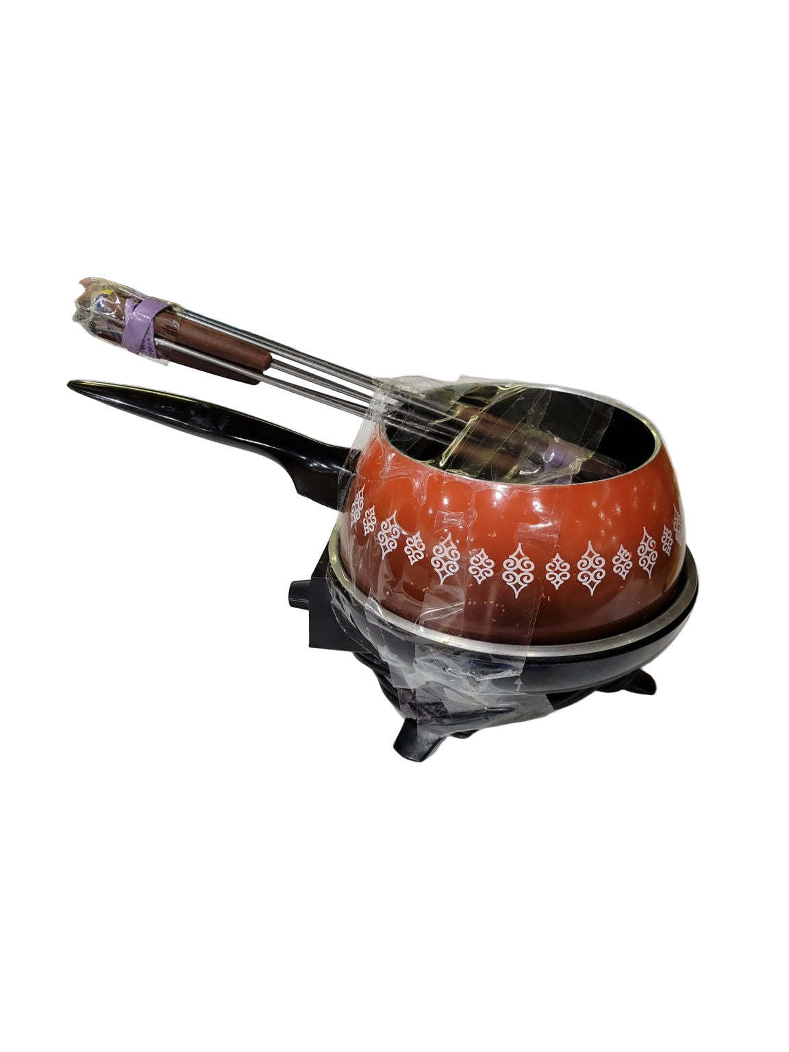 Vintage Oster Electric Fondue Pot – Model FPSTFD3010, 1970s Retro Orange with White Motif