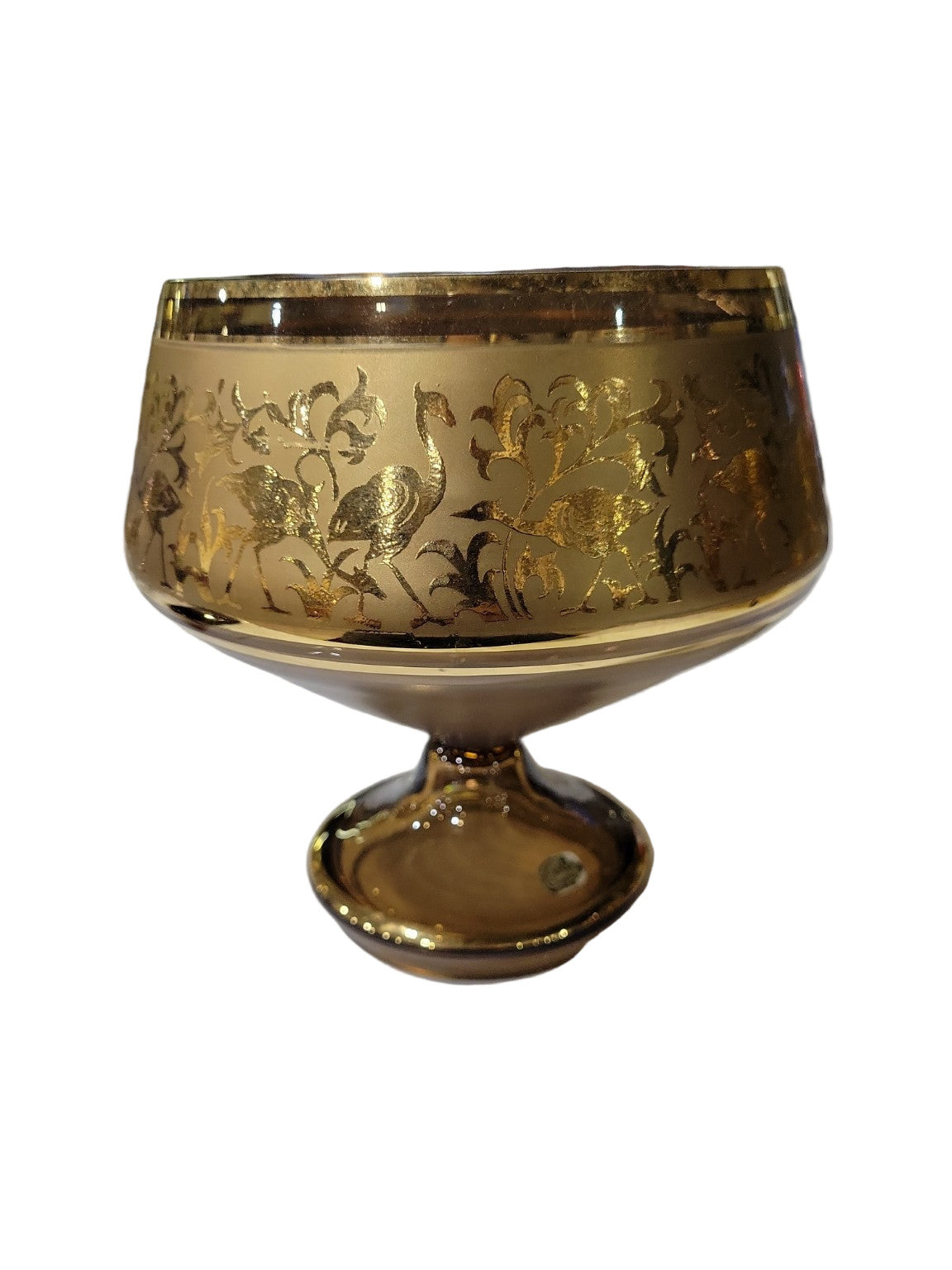 Bohemia Crystal Amber Glass Compote – Etched Flamingo & Floral Design, 24K Gold Rim