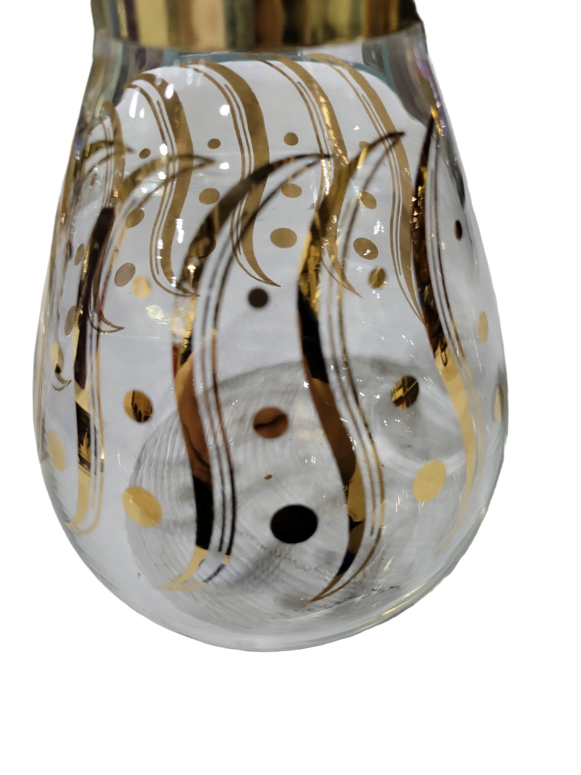 Mid-Century Modern Glass Pitcher with Brass Collar & Black Handle – Gold and Black Polka Dot Design