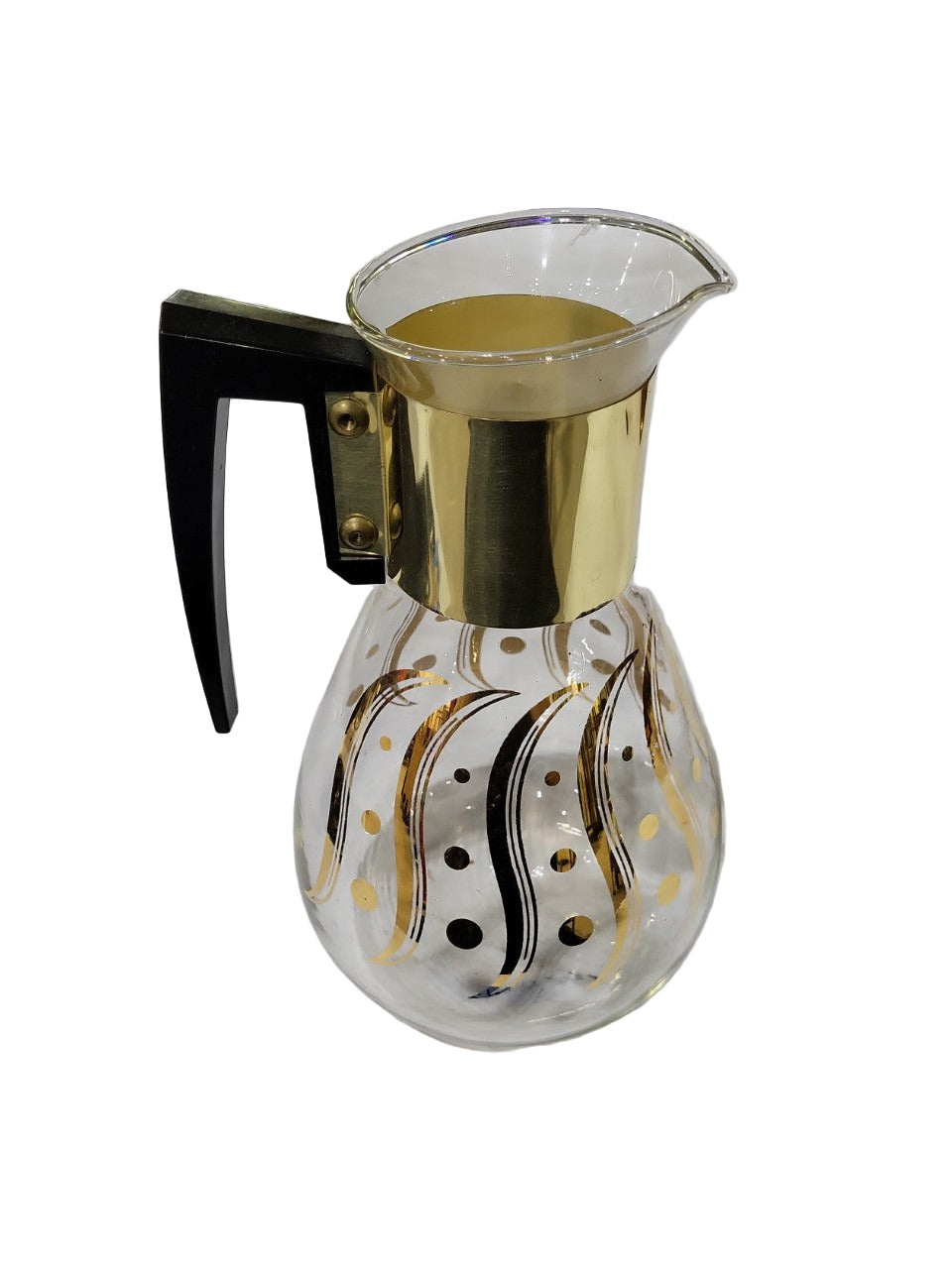 Mid-Century Modern Glass Pitcher with Brass Collar & Black Handle – Gold and Black Polka Dot Design