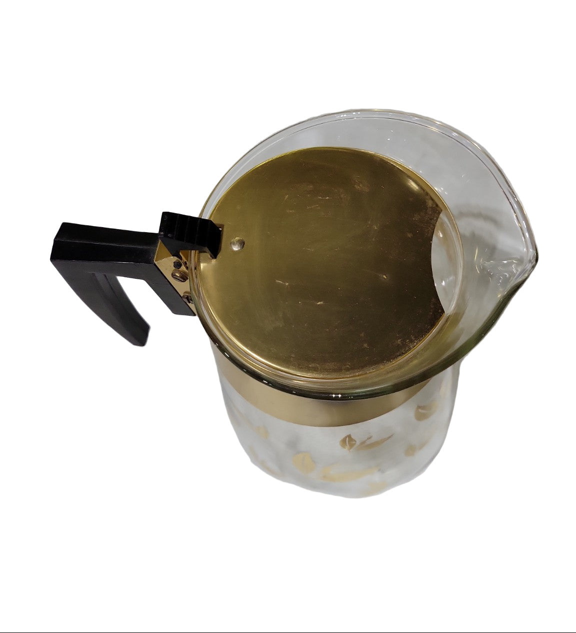 Douglas Flameproof Glass Coffee Carafe – Gold Leaf Pattern with Brass Lid and Black Handle