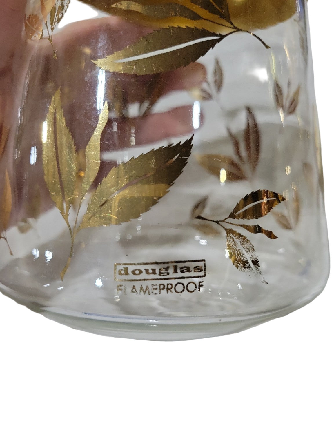 Douglas Flameproof Glass Coffee Carafe – Gold Leaf Pattern with Brass Lid and Black Handle