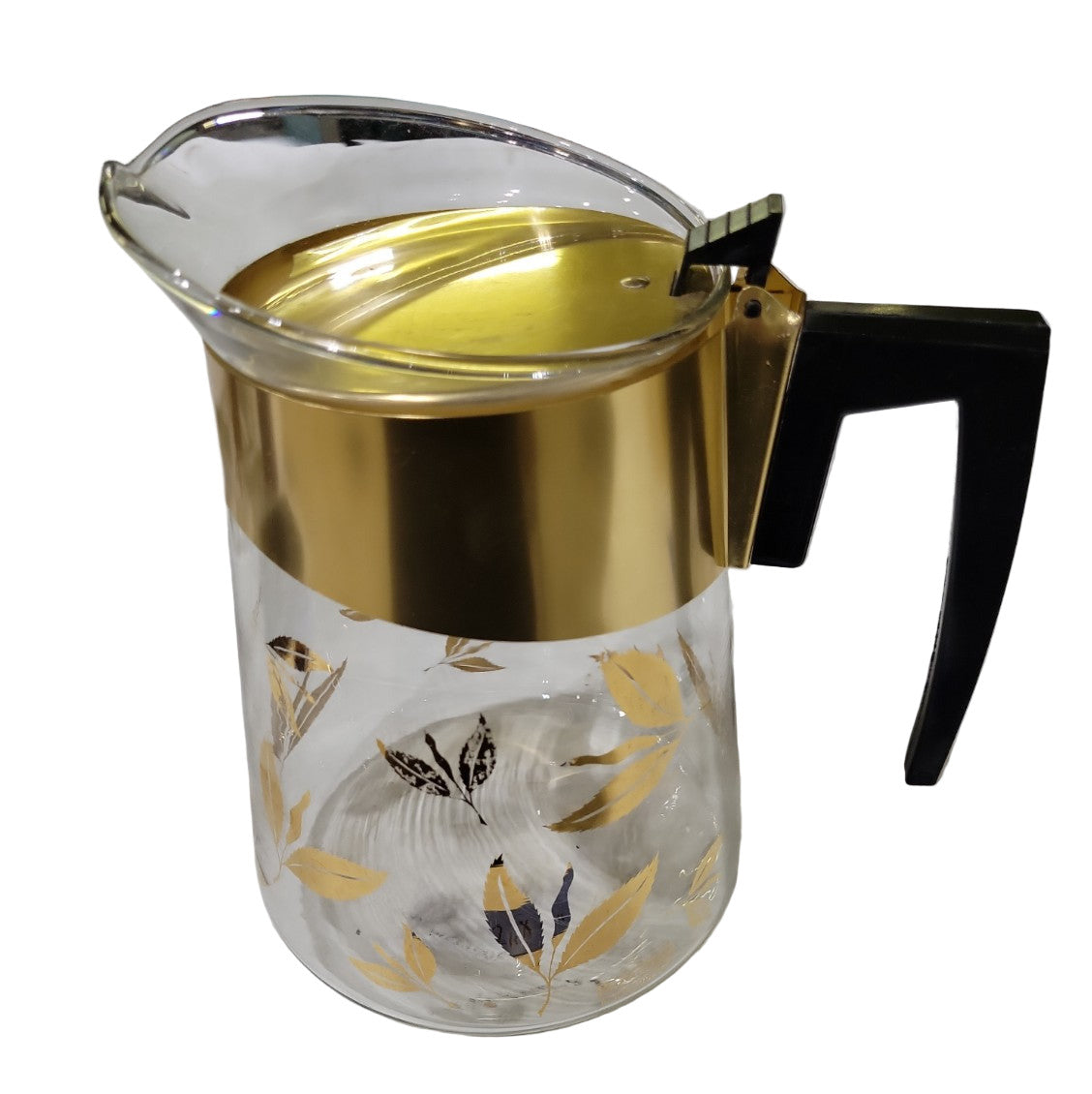 Douglas Flameproof Glass Coffee Carafe – Gold Leaf Pattern with Brass Lid and Black Handle