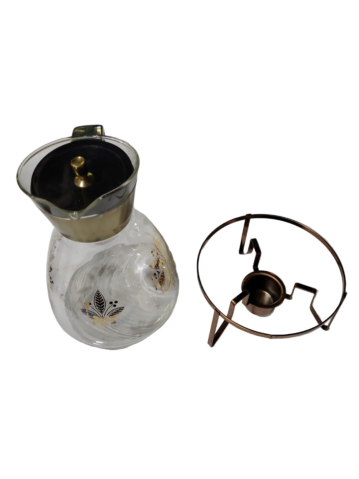 Pyrex Flameproof Coffee Carafe with Warming Stand – Gold Leaf Pattern, Mid-Century Modern