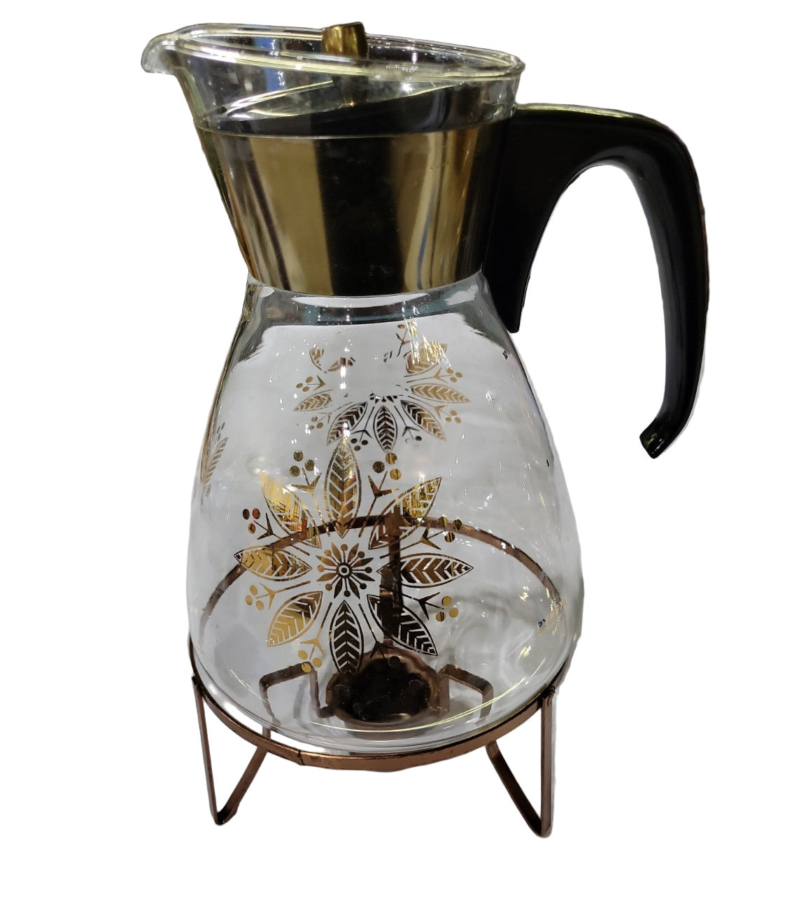 Pyrex Flameproof Coffee Carafe with Warming Stand – Gold Leaf Pattern, Mid-Century Modern