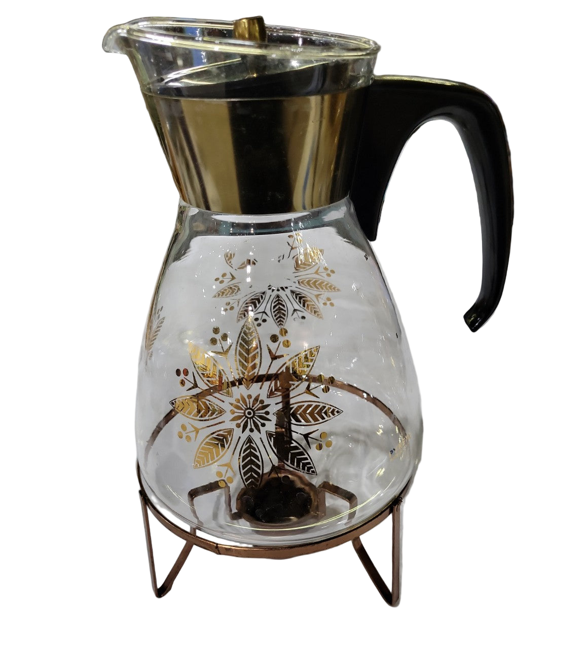 Pyrex Flameproof Coffee Carafe with Warming Stand – Gold Leaf Pattern, Mid-Century Modern