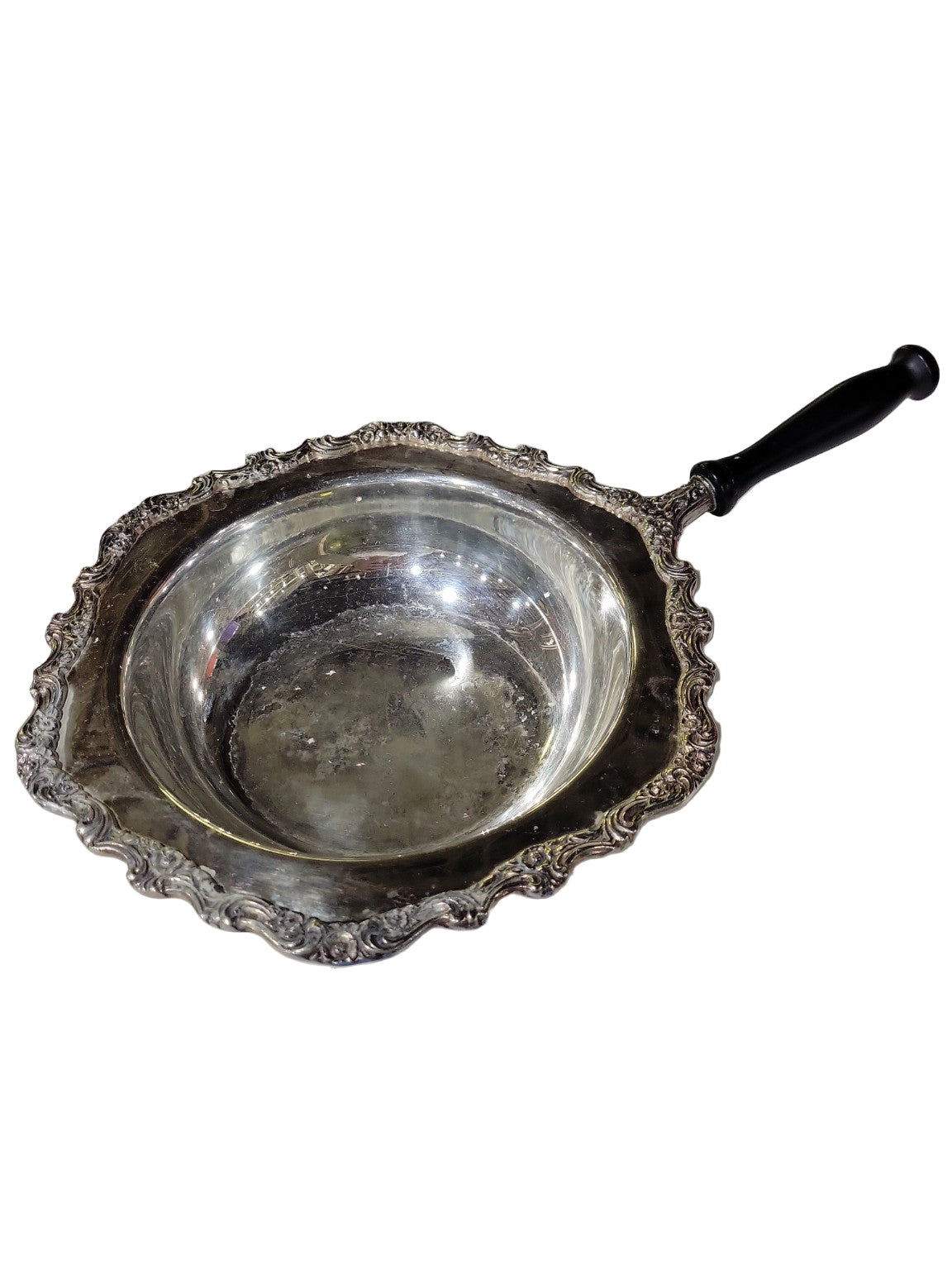 Vintage Silverplate Serving Bowl with Black Handle – Ornate Edge Design