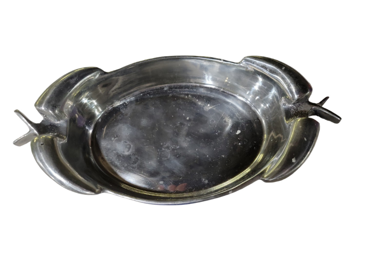 Mid-Century Modern Aluminum Oval Ashtray with Winged Ends – Sculptural Design