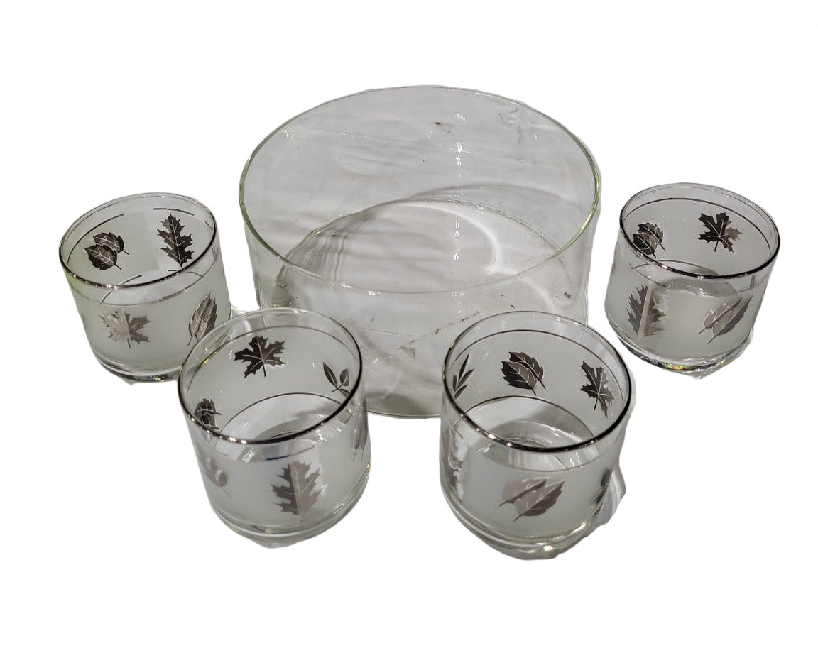 Mid-Century Silver Leaf Frosted Glass Bar Set with Bowl – 5-Piece Set