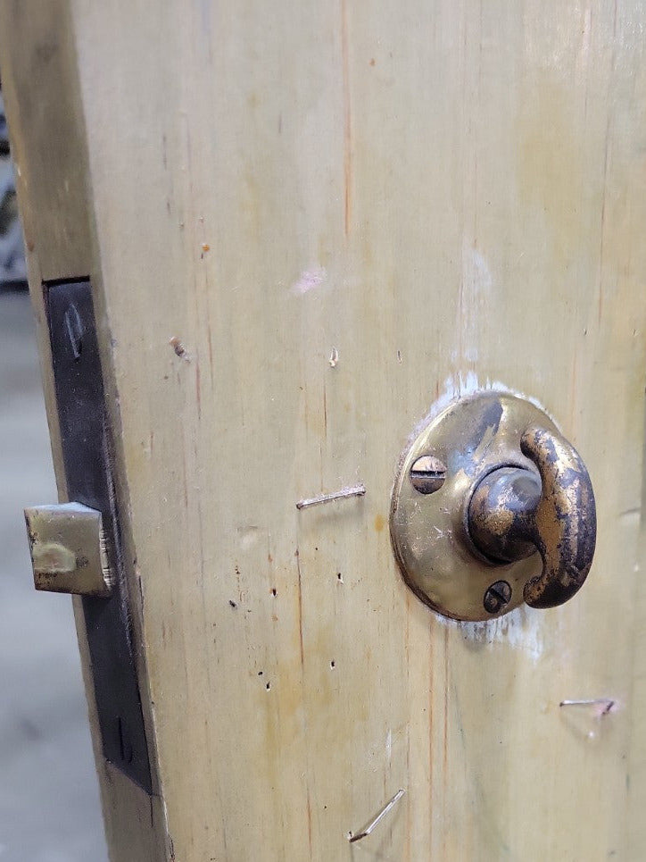 Antique 4-Panel Solid Wood Door with Porcelain Knob and Brass Hardware