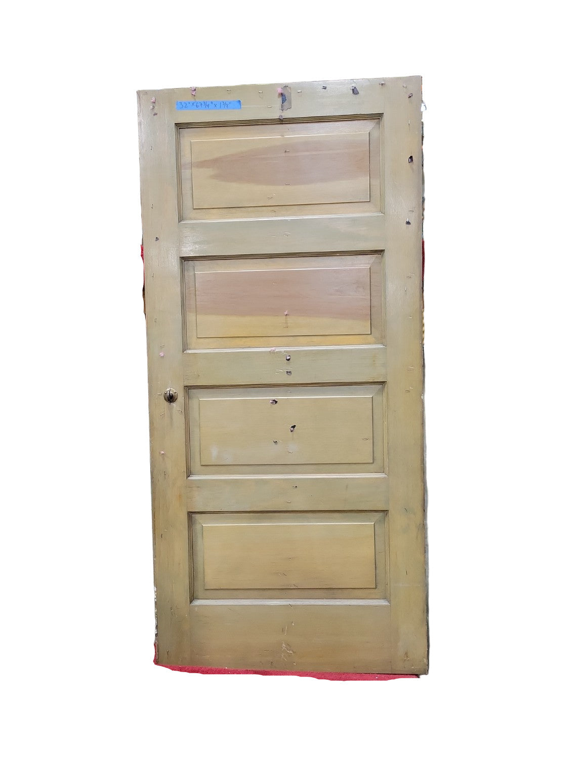 Antique 4-Panel Solid Wood Door with Porcelain Knob and Brass Hardware