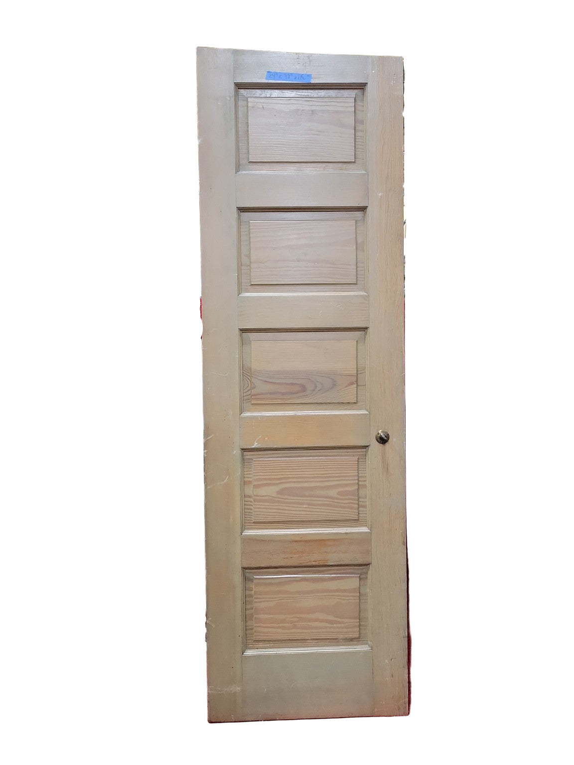 Antique 5-Panel Solid Pine Door with Porcelain Knob and Brass Hardware