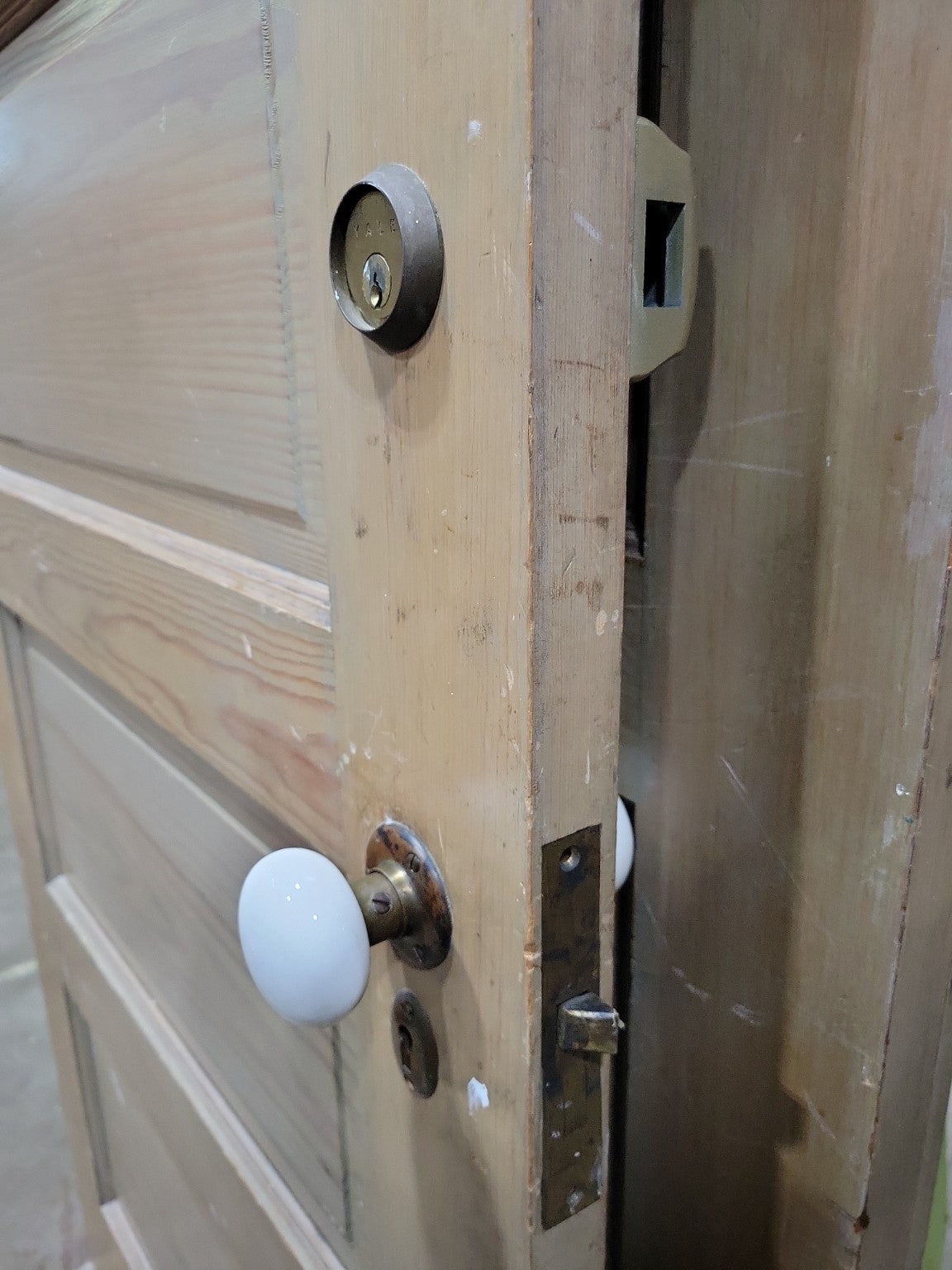 Antique 5-Panel Solid Pine Door with Porcelain Knob, Brass Hardware, and Deadbolt Lock
