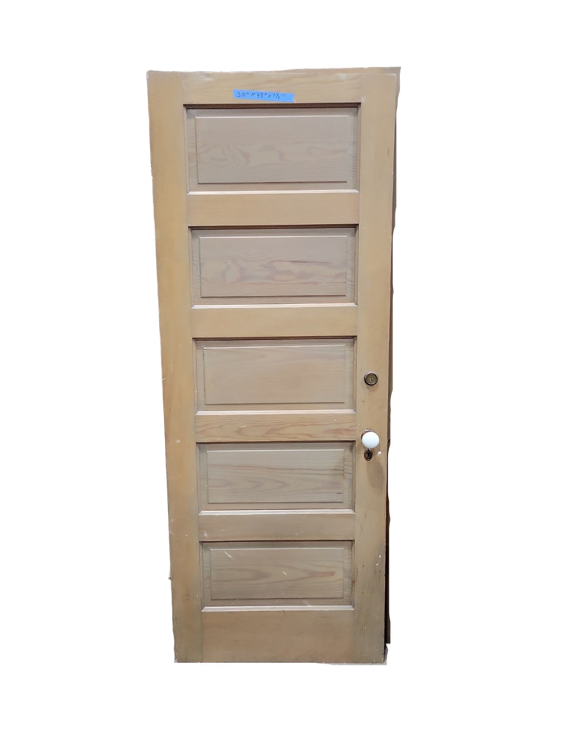 Antique 5-Panel Solid Pine Door with Porcelain Knob, Brass Hardware, and Deadbolt Lock