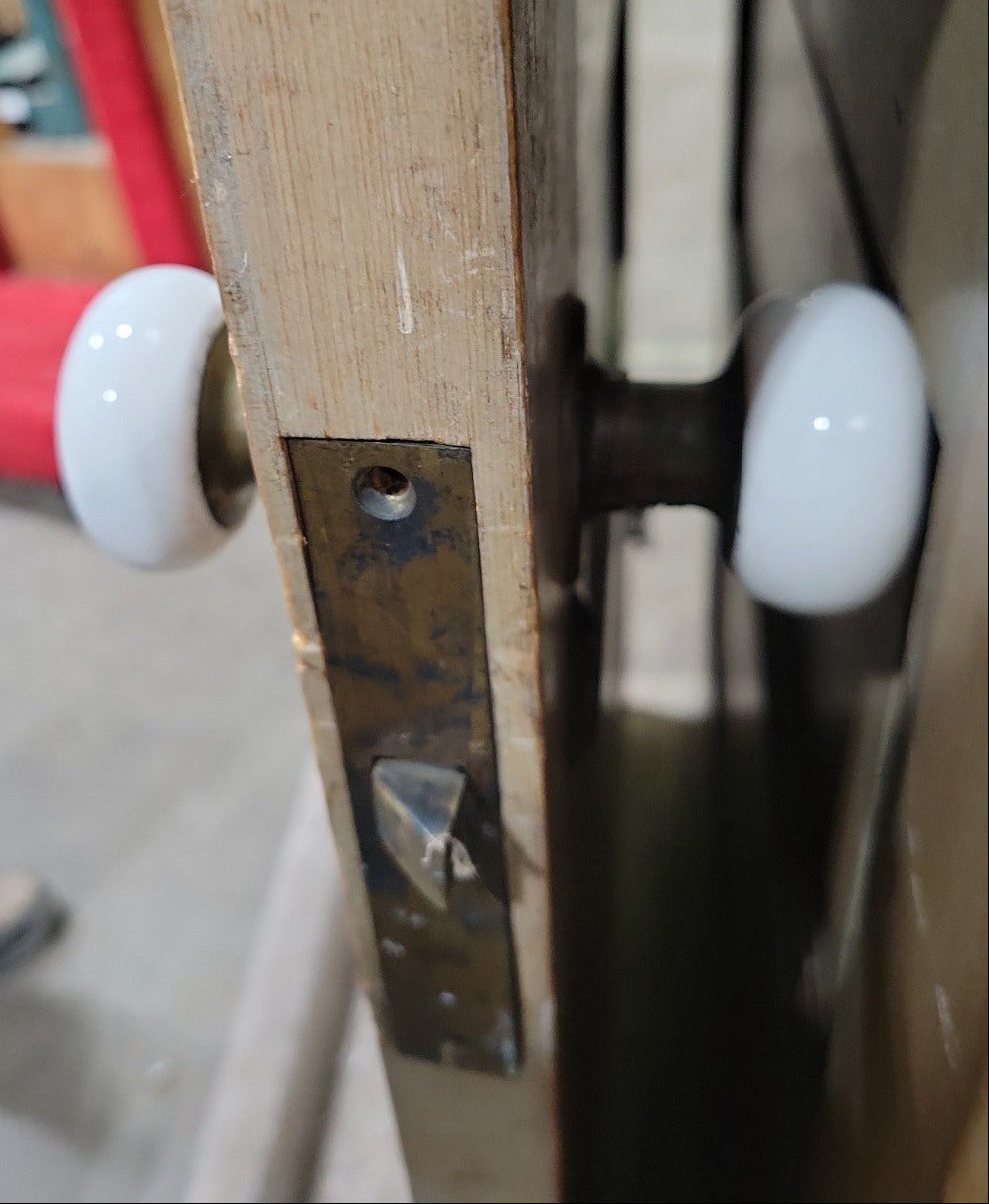 Antique 5-Panel Solid Pine Door with Porcelain Knob, Brass Hardware, and Deadbolt Lock